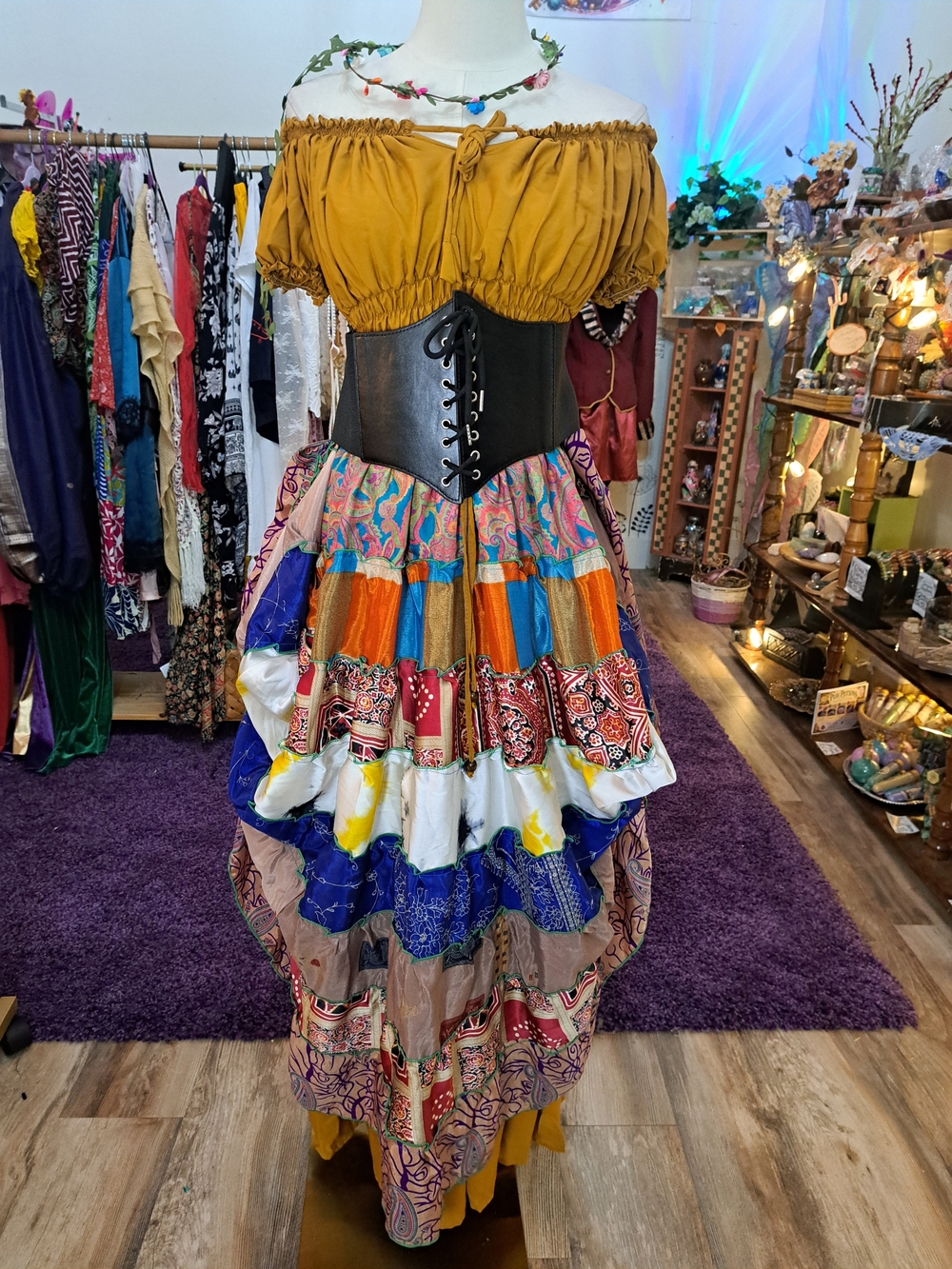 Golden Meadow 4-piece outfit | smocked dress, sari skirt & lace-up belt | os
